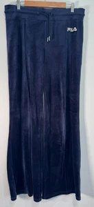 Fila Bottoms Womens Medium Navy Velvet Velour Embroidered Logo Wide Leg Vintage - Picture 1 of 8