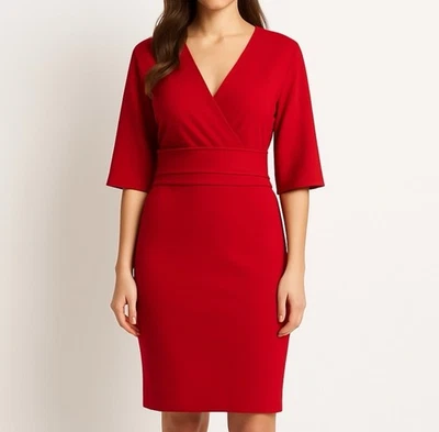 Escada Red V-Neck 3/4 Sleeve Faux Wrap Bodycon Dress Size 36 - Image 1 of 4