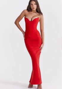 HOUSE OF CB TAMARA Cherry RED Strapless Corset Dress maxi dress 10 12 M L - Picture 1 of 14