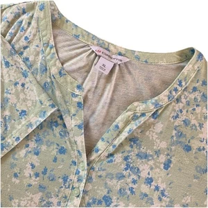 Liz Claiborne V-Ausschnitt Damen Blumendruck blau/grün Kurzarm geknöpftes Oberteil XL - Bild 1 von 12