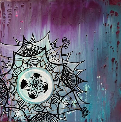 AS IS! Original Kayla Braden Abstract “Oneness” Mandala Drip Painting on Canvas - Image 1 of 4