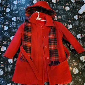 Vintage Red Wool Kids Coat With Detachable hood Scarf,Lined, Pockets. Size X6 - Picture 1 of 12