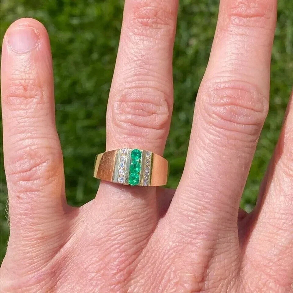 Men's Wedding Ring Created Green Emerald & Diamonds 14K Yellow Gold Finish 2.0Ct - Image 1 of 3