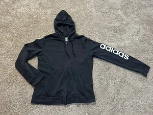 Adidas Fleece Lined Hooded Jacket Boys Youth M Full Zip Black Spelled Out - Picture 1 of 5