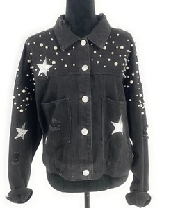 Vici Distressed Pearl Embroidered Black 5 Button 2 Pocket Cotton Jacket Size M - Picture 1 of 10