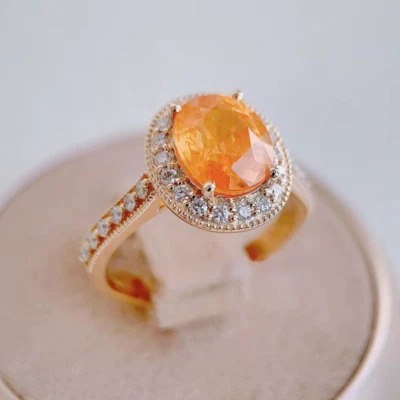 Подарок женское кольцо из розового золота 14 карат с натуральным бриллиантом спессартином и страстным фантастическим камнем - Изображение 1 из 4