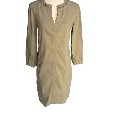 Vestido feminino Elie Tahari tamanho 4 mistura de linho cáqui com cinto amarrado - Imagem 1 de 4