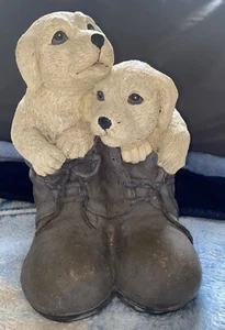 Vintage Golden Retriever Puppies In Old Boots Figs. 11 1/2” Tall Mixed Material - Picture 1 of 13
