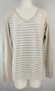 Women's Eddie Bauer Sweater - Size L - Tan & White Striped - Cotton Blend - Picture 1 of 14