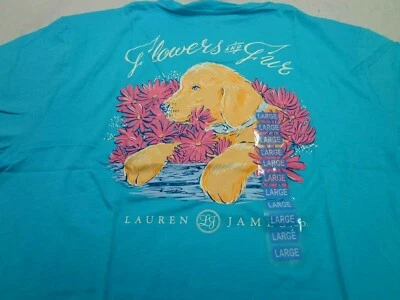 Lauren James Women's 'Flowers & Fur' Puppy Dog Graphic Pocket T-Shirt LARGE  NWT - Imagem 1 de 4