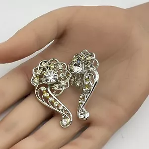Vintage Rhinestone Clip On Earrings Floral Swirl Silver Tone Pageant LARGE - Picture 1 of 5