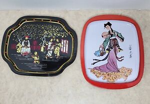 Set of 2 Asian Aluminum Trinket or Small Serving Tray Lightweight