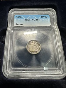1853 .05 ICG VG 10 ARROWS, Seated Liberty Half Dime - Picture 1 of 2