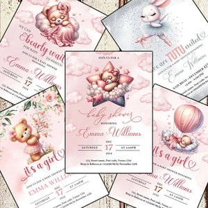 10 bedruckte Babyparty Einladungen, Teddybär, Baby Mädchen Einladungen, rosa Einladungen - Bild 1 von 21