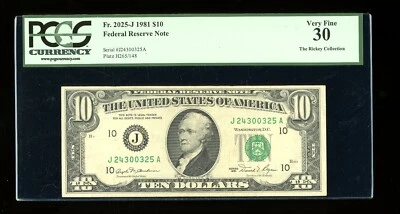 DBR 1981 $10 FRN Kansas City Fr. 2025-J PCGS 30 Serial J24300325A - Image 1 of 2
