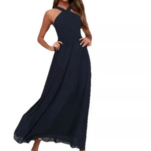 NWT Lulus Air of Romance Navy Blue Chiffon Maxi Dress Size LARGE - Picture 1 of 9