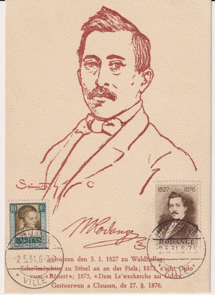 Luxembourg 1931 maximum card for Michel Rodange label from 1930 booklet - Image 1 of 1