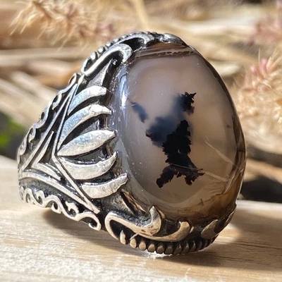 Auténtico anillo de plata 925 para hombre ágata yemení natural aqeeq عقيق يماني مصور Foto 1 de 4