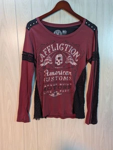 Affliction Shirt Womens M Red Top Scoop Neck Rock Moto Angel Wings Grunge Lace - Picture 1 of 8