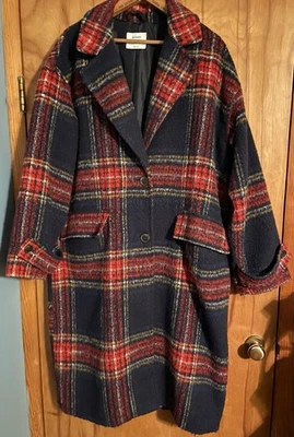 MUJER VIEJO ABRIGO MIDI AZUL MARINO OVERSIZE AZUL MARINO ROJO LANA A CUADROS BLD TALLA XL CÁLIDO USADO EN EXCELENTE ESTADO Foto 1 de 4