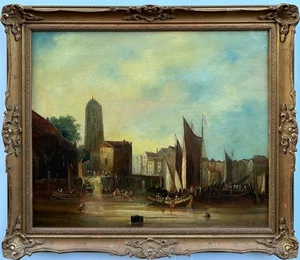 Antique Painting (19th Century) : Harbour Scene, signed oil on canvas - Picture 1 of 8