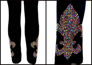 Plus OS Leggings Bling Rhinestud Colorful Fleur de Lis Mardi Gras Party Design - Picture 1 of 4