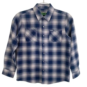 Dixxon Flannel Shirt DFC Youth Sz Medium USS Midway Blue / Gray Plaid Pearl Snap - Picture 1 of 10