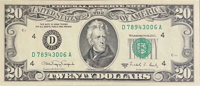 1988 Series A 20 Dollar Bill Uncirculated US Federal Reserve Note D78943006A - Image 1 of 4