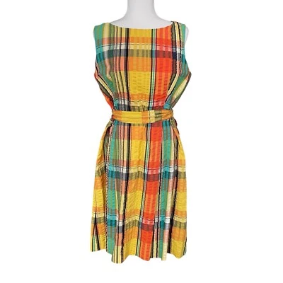 Vestido midi Anne Klein multicolor Madras a cuadros de algodón sin mangas con cinturón talla 14 Foto 1 de 4