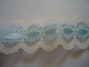 White Lace W/ Blue Satin Ribbon Runs in Center Scalloped Edges 1 ¼” W X 29” L - Picture 1 of 4