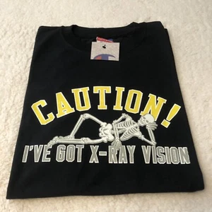RARE Vintage 90s Champion Adult Size XL Skeleton ‘Caution’ Black T Shirt NEW - Picture 1 of 13