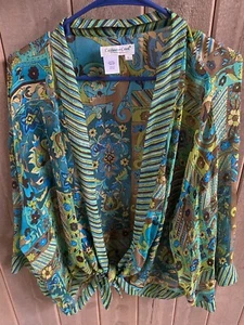 Coldwater Creek Silk Green Brown Paisley Floral Tied Overlay Top Sz L - Picture 1 of 11