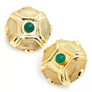 Orecchini Omega in oro giallo stile etrusco con pietre preziose verdi - Foto 1 di 5