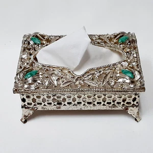 Vintage Metalltasche Taschentuchbox mit Fuß verziert mit Schmucksteinen besetzt Hollywood Regency, wie abgebildet - Bild 1 von 12