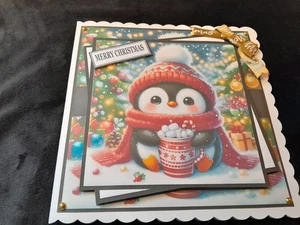 New Handmade Cute Penguine Themed  Christmas Card 8" X  8" - Picture 1 of 5