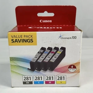 ORYGINALNY CANON 281 CZARNY, CYJAN, PURPUROWY I ŻÓŁTY 4 ZBIORNIKI ATRAMENTU CHROMALIFE 100 NOWY - Zdjęcie 1 z 5