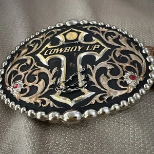 Cowboy Up Western Belt Buckle And Brown Belt - Picture 1 of 12
