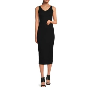 Bebe Tank Dress L Sleeveless Scoop Midi Mesh Overlay Lined Stretch NEW - Picture 1 of 8