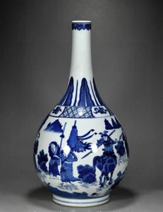 15.6" Qing Kangxi Chinese Blue White Porcelain Figure Story Bottle Vase - Picture 1 of 9