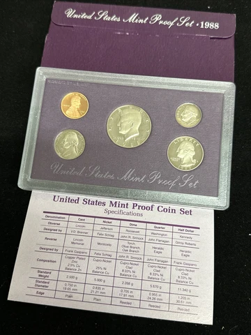 1988 US Mint Proof Set OGP w COA 5 Coin Set Purple Packaging !P88 Cover