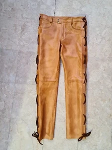 LEATHER UNISEX BROWN VINTAGE FULL LENGTH SIDE LACED PANTS ALL SIZES. - Picture 1 of 4