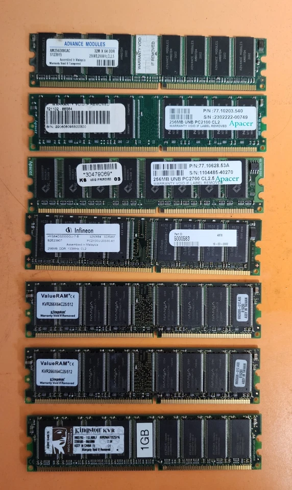 Lot 7x Sticks Mixed DDR Memory (3 GB) Vintage Desktop Retro DDR1 PC2100 PC2700 - Image 1 of 1