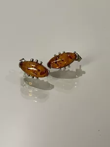 Vintage Art Deco 925 Sterling Silver MCM 3.3g Baltic Amber Pierced Earrings 3.3g - Picture 1 of 12