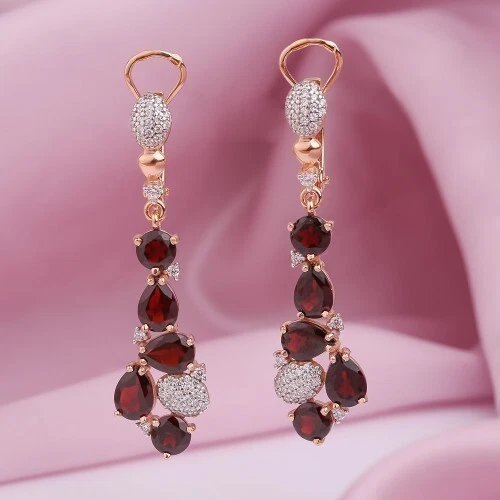 Hermosos pendientes granate genuinos oro rosa macizo 585/14k nuevos con etiquetas Foto 1 de 1