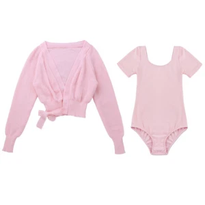 Kids Girls Sports Set Training Bolero Shrug Yoga Leotard With Cardigan Tie-up - Picture 1 of 21