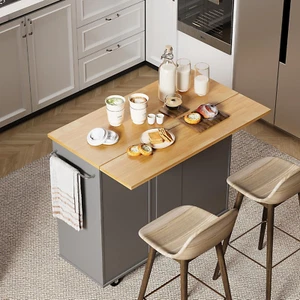 Rolling Kitchen Island Cart with Folding Drop Leaf Breakfast Bar, Portable Troll - Picture 1 of 7