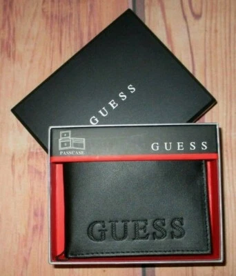 MENS GUESS PASSCASE BIFOLD BLACK GENUINE LEATHER WALLET WITH ORIGINAL GIFT BOX - Image 1 of 4