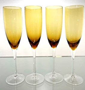 Handblown Champagne Flutes Set of 4 Amber Clear Stem Mid Century Modern 10" Tall - Picture 1 of 7