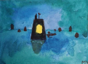 ACEO Original - Village in Ocean at Night - Watercolor 2.5 x 3.5 Signed - Picture 1 of 2