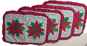 Handmade Poinsettia Ruffle Patch Quilted Placements 13” X 18” Lot Of 4 VTG - Picture 1 of 4